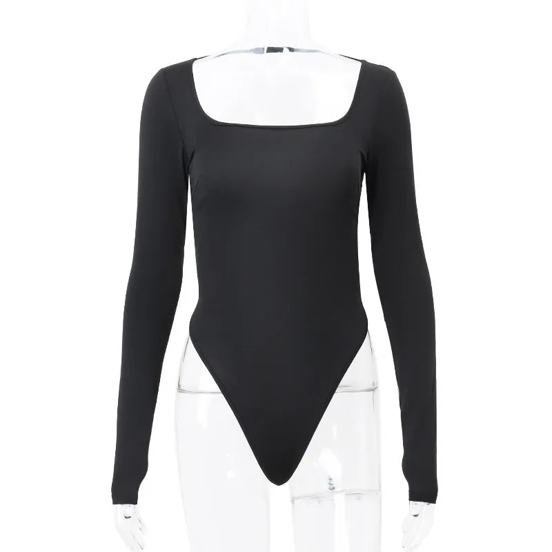 Territory Black Backless Bodysuits Women Square Neck Long Sleeve Thong Open Back Bodysuit Sexy Tops Fall Winter Outfits