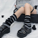 Territory Black White Leg Warmers Boot Cuffs Women Knit Socks Harajuku Japanese Long Warmer Punk Cable Socks Striped Flared Lolita Socks