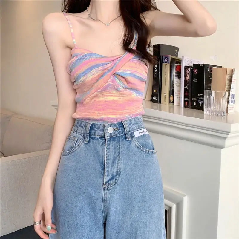 Territory Camisole Women Retro Striped Folds Fashion Leisure Cropped Slim Stretchy Summer Hot Sale Sexy Basic Sweet Sleeveless Soft Tops