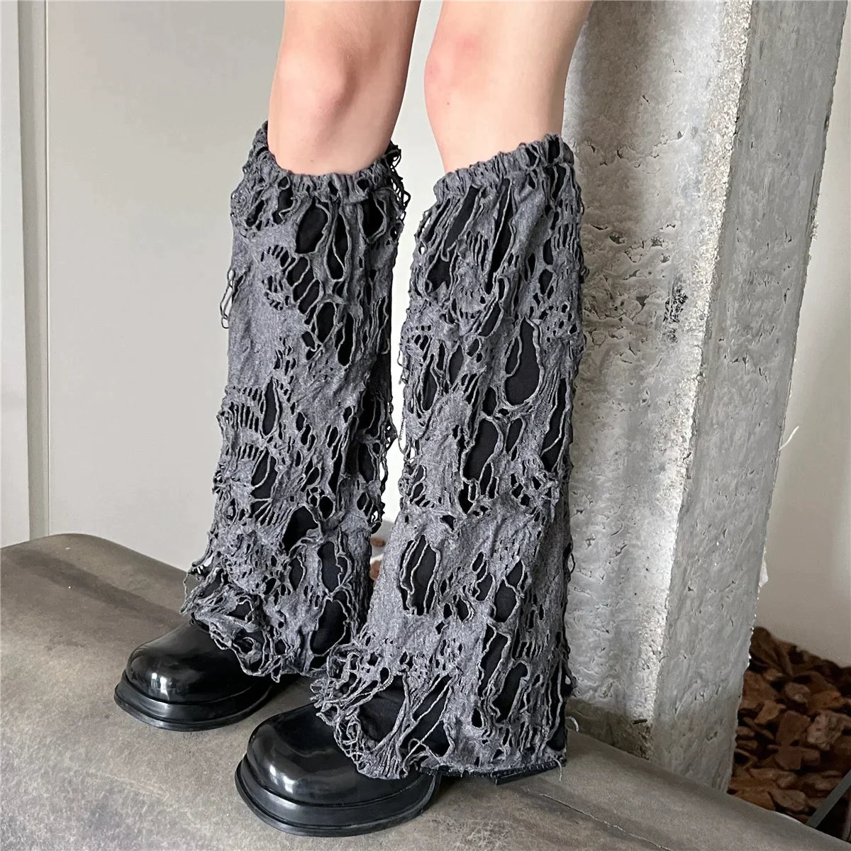 Territory Punk Gothic Ripped Leg Warmer Japanese Jk Leg Cover Breathable Dark Y2k Hot Girl Stockings Women Harajuku Knit Boot Cuff Socks