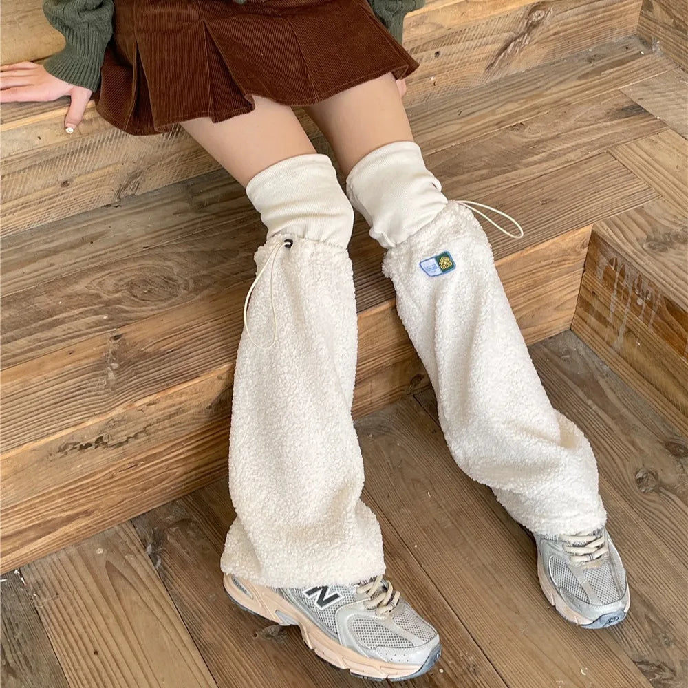 Territory New Winter Warm Lamb Wool Drawstring Leg Warmers Designer Japanese Y2K Women Gothic Harajuku High Tube Calf Socks Boots Cover