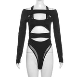 Territory Goth Dark Cyber Y2k Punk Hollow Out Sexy Bodysuits Mall Gothic Bodycon Mesh Sheer T-shirts Women Long Sleeve Patchwork Bodysuit