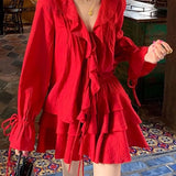 Territory Elegant V-neck Ruffles Long Sleeve Tops Women+ Y2k E-Girl High Waist Ruched A-line Skirts Spring New Red Two Piece Sets