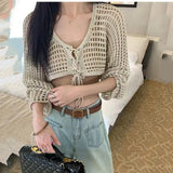 Territory 2024 Summer New V-neck Lace Up Cardigan Hollow Out Long Sleeve Tops Women Y2k E-Girl Slim Fit All-match Knitted Pullover