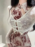 Territory 2024 Summer Long Sleeve Sun Protection Cardigan+ New Chinese Slim Waist Rose Print Halter Dresses Y2k E-Girl Two Piece Sets