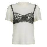 Territory Black Lace Bra Print White Graphic T-Shirt Fashion Woman Blouse Tees O Neck Short Sleeve Casual Street Sweats Tops