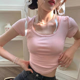 Territory 2024 Summer Square Collar Pink T-shirts Sweet Short Sleeve Tee Shirt Y2k E-Girl Crop Top Slim Fit Bottoming Tops Women