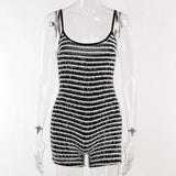 Territory Black and White Stripe Fuzzy Rompers Playsuits for Women Sexy One Pieces Jumpsuits Fashion Women Trending Bodycon