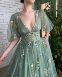 Territory  Green Embroidery Lace Prom Dresses Puff Sleeves A-Line Long Wedding Party Gowns Open Back Tulle Evening Dress