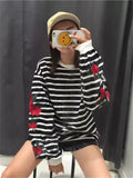 Territory  Harajuku Hoodies Roses Embroidery Lantern Sleeve Loose Striped Women Sweatshirt Girl Vintage Elegant Casual Tops