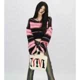 Territory Autumn Y2K New Korean Style Pink Cropped Sweater Women Striped Jumper Vintage Female Long Sleeve Crewneck Pullovers Tops