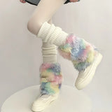 Territory Cute Colorful Rainbow Leg Warmer Plush Imitation Fur Japanese Women Knitted Over Knee Tube  Winter Warm Long Leg Cover Socks