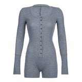 Territory Grey Black One Piece Knit Stretch Jumpsuit Button Up Long Sleeve Bodycon Romper Comfy Fall Winter Outfits For Women