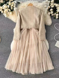 Territory High Quality French Vintage Small Fragrance Two Piece Sets Women Outfits Luxury Short Jacket Coat + Sling Sexy Long Dress Suits