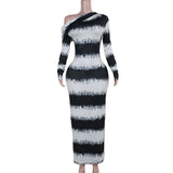 Territory Black And White Striped Asymmetrical Dress One Shoulder Long Sleeve Maxi Dresses Fall 2024 Fashion Women Y2K Outfits