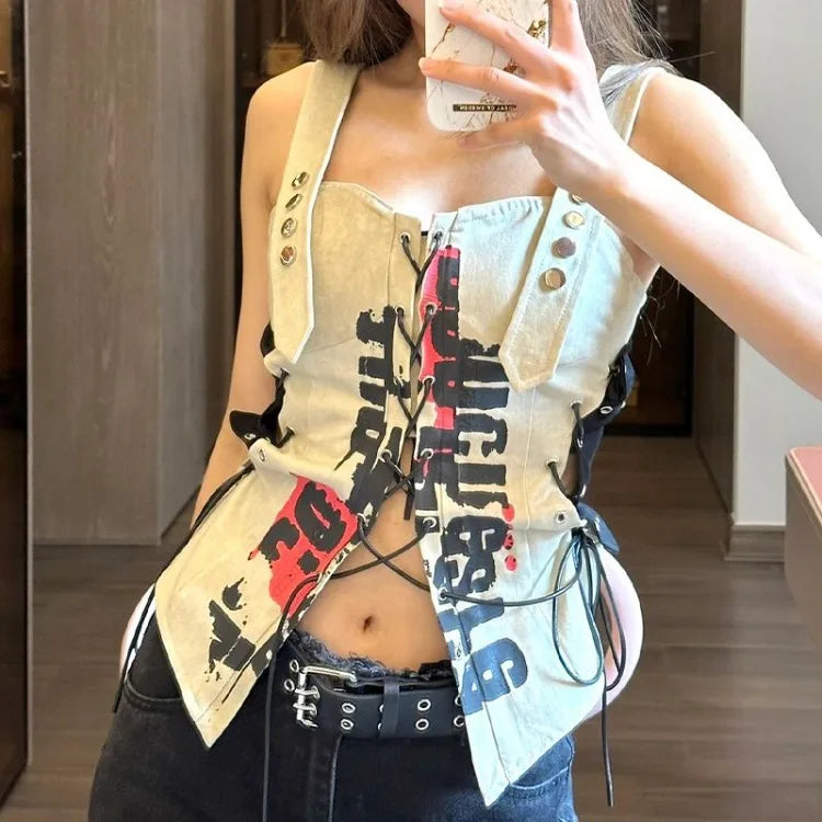 Territory American Vintage Print Vest for Women Summer New Slim Fit Lace Up T-shirts Y2k E-Girl Sleeveless Camisole Tops