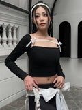 Territory Black Top Y2k Cute Sexy Bow Tie Square Neck Backless Long Sleeve Tshirts Korean Fashion Crop Tops Spring