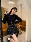 Territory Fashion Sweet O-neck Long Sleeve Knitted Cardigan+ Y2k E-Girl High Waist Flower Print Ruched Skirts Spring New Two Piece Sets