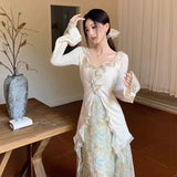 Territory 2024 Spring New Slim Fit Ruffles Long Sleeve Tops Women+ Y2k Mid-length Flower Print Skirts  Chinese Style Two Piece Sets