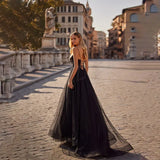 Territory 2024 Elegant Black Tulle Evening Dresses With Slit A-Line Spaghetti Zippper Back Sweep Train Prom Dress Party Dresses for Women