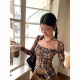 Territory Checkered Square Collar Mesh Shirt for Women Summer Slim Fit Long Sleeved T-Shirt Top Retro Elastic Sexy Bodysuits