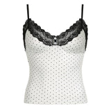 Territory Black and White Polka Dot Print Tank Top Women Y2k Vintage Tanks & Camis Lace Trim Deep V Backless Crop Tops