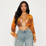 Territory Autumn V Neck Sexy Long Sleeve Hollow Out Crop Top Turndown Collar Tie Dye Print T Shirt Women Fall Streetwear 2024