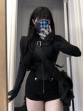 Territory 2024 Summer New Slim Fit Zipper Long Sleeve Black Tops Women+ Drawstring Ruched High Waist Shorts Y2k E-Girl Two Piece Sets