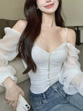 Territory Autumn Pink Sexy Elegant Blouse Women Ruffled Backless Korean Designer Tops Female Puff Sleeve Fashion Casual Blouse New