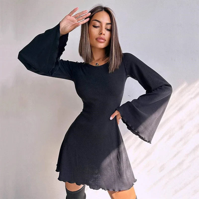 Territory Sexy Dresses Nightclub Mini Short Party Dress Women Back Bandage O Neck A Line Flare Sleeves Autumn Vestidos Ladies Fall Robe