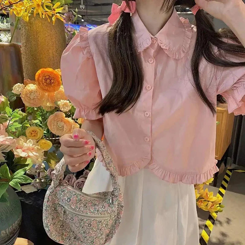 Territory  Sweet Cute White Shirt Women Pink Ruffles Puff Sleeve Blouse Student Summer Kawaii Preppy Japanese Loose Casual Crop Tops