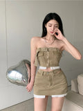 Territory Gyaru Matching Sets Tube Top Bandage Crop Tops High Waist Hollow Out Patchwork Skirts Y2k 2000s Female Slim Design Two Piece Set