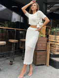 Territory Knitted White Short Sleeve T-shirt Skirt Set Hollow See Through High Waisted Sexy Slim Fit Hip Wrap Two Piece Sets Women