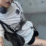 Territory Black Lace Bra Print White Graphic T-Shirt Fashion Woman Blouse Tees O Neck Short Sleeve Casual Street Sweats Tops