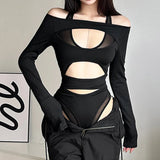 Territory Goth Dark Cyber Y2k Punk Hollow Out Sexy Bodysuits Mall Gothic Bodycon Mesh Sheer T-shirts Women Long Sleeve Patchwork Bodysuit