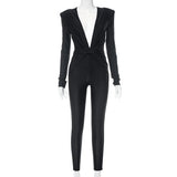 Territory Fall Sexy Deep V Neck Ruched Bodycon Jumpsuits for Women Elegant Outfits Unitards Long Sleeve Rompers Overalls