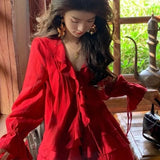 Territory Elegant V-neck Ruffles Long Sleeve Tops Women+ Y2k E-Girl High Waist Ruched A-line Skirts Spring New Red Two Piece Sets