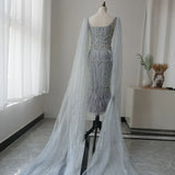 Territory  Luxury Crystal Feathers Dubai Evening Dresses for Women Wedding Elegant Blue Lace Midi Arabic Prom Gown