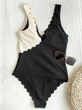 Territory Black Splicing Swimwear Sexy Ribbed Scalloped High Cut One Piece Bathing Suits Fashion Summer Beach Women Bodysuit Swimsuit