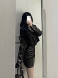 Territory Fashion Vintage Long Sleeve Zipper Leather Coat Women+ Y2k Sexy Slim Fit Bodycon Camisole Dress Summer New Two Piece Sets