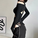 Territory Goth Dark Cyber Y2k Punk Hollow Out Sexy Bodysuits Mall Gothic Bodycon Mesh Sheer T-shirts Women Long Sleeve Patchwork Bodysuit