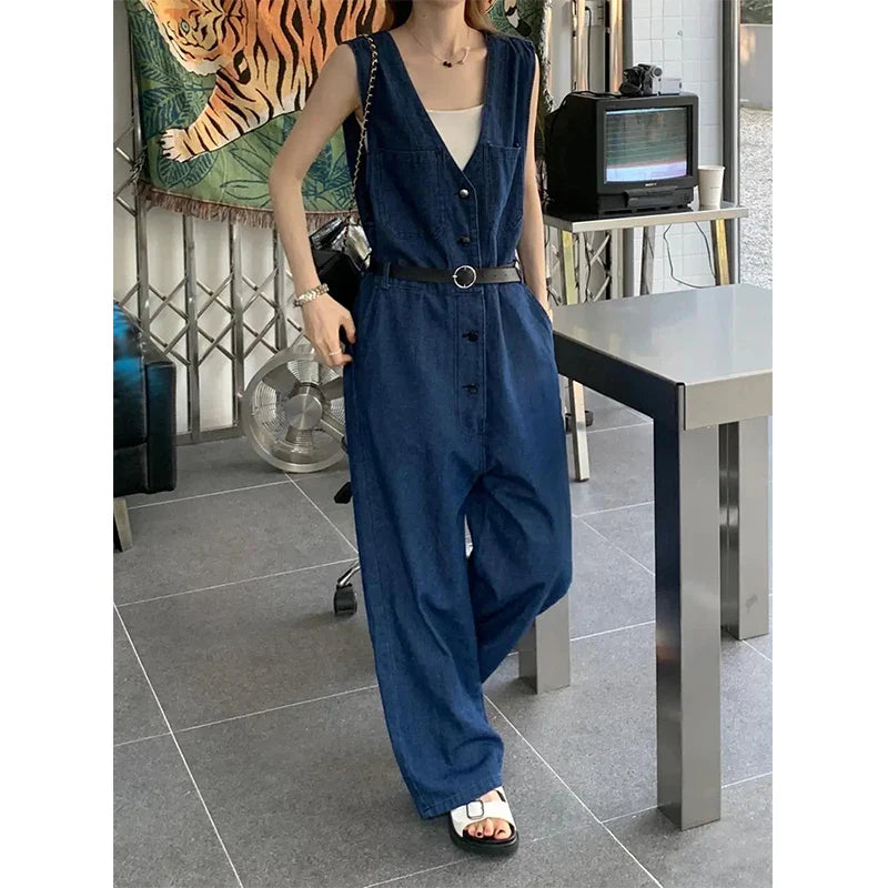 Territory Denim Overalls Women Streetwear Cargo Jumpsuits High Waist Sleeveless Wide Leg Suspender Pants Loose Casual Straight Jeans