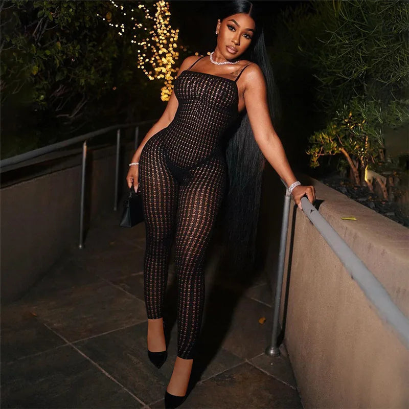 Territory Black Jumpsuit Womens See Through Hollow Out Knit Mesh Bodycon Jumpsuits Sexy Baddies Outfits For Women Clubwear