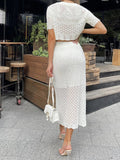 Territory Knitted White Short Sleeve T-shirt Skirt Set Hollow See Through High Waisted Sexy Slim Fit Hip Wrap Two Piece Sets Women