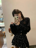 Territory Fashion Sweet O-neck Long Sleeve Knitted Cardigan+ Y2k E-Girl High Waist Flower Print Ruched Skirts Spring New Two Piece Sets