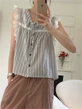 Territory  Sweet Stripes Tank Tops Lace Women Chic Loose Gentle Camping All Match Slim New Summer Office Lady Outwear Camis