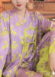 peopleterritory Sexy Purple O-Neck Print Button Ice Silk Pajamas Two Piece Set Spring LY1910