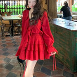 Territory Elegant V-neck Ruffles Long Sleeve Tops Women+ Y2k E-Girl High Waist Ruched A-line Skirts Spring New Red Two Piece Sets