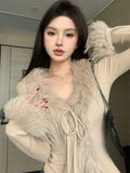 Territory Autumn Solid Fur Vintage Knitted Cardigan Women Elegant Knitted Sweater Coat Female Korean Fashion Retro Slim Fit Tops New