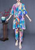 peopleterritory Simple Blue Oversized Tie Dye Side Open Linen Two Pieces Set Summer LY1134